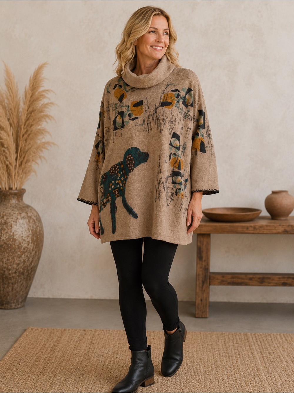 I Noah USA Dog Print Cowl Neck Oversized Tunic Sweater L Lagenlook Whimsical